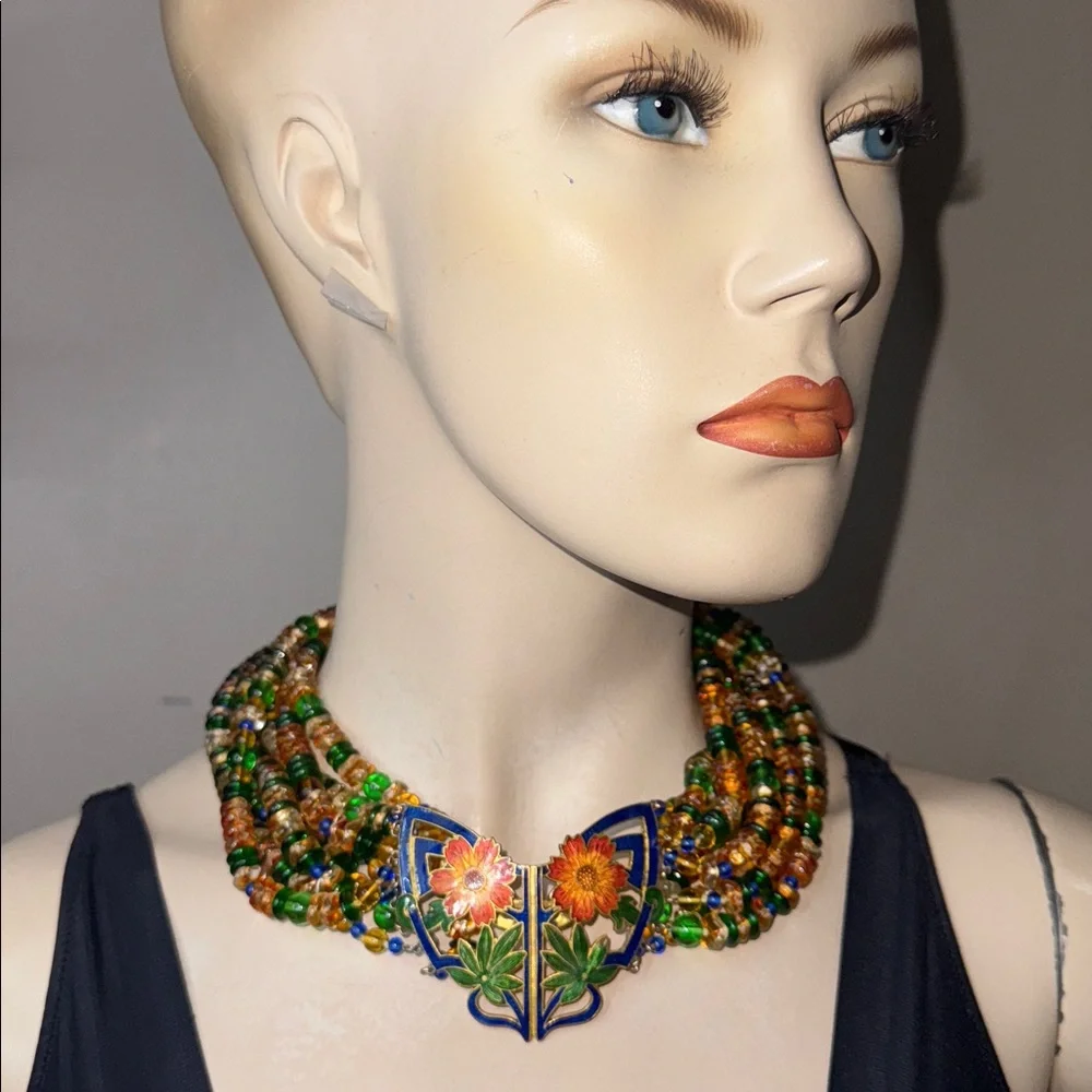 Vintage Glass Beaded Cloisonné Pendant Necklace
